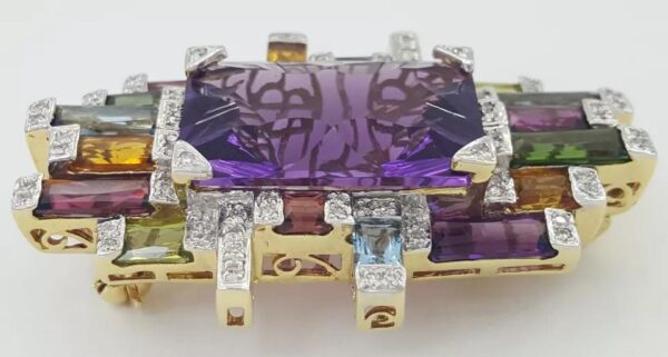 Bellarri Amethyst Gemset Diamond Pendant Brooch 21.4 ct 18.9 g 18K Yellow Gold
