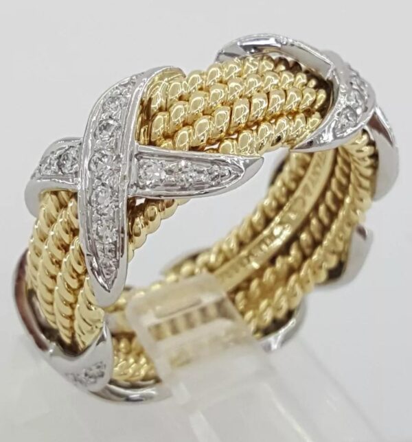 Tiffany & Co. Schlumberger 4 Row Rope X Diamond Ring Platinum & 18k 0.54 ct