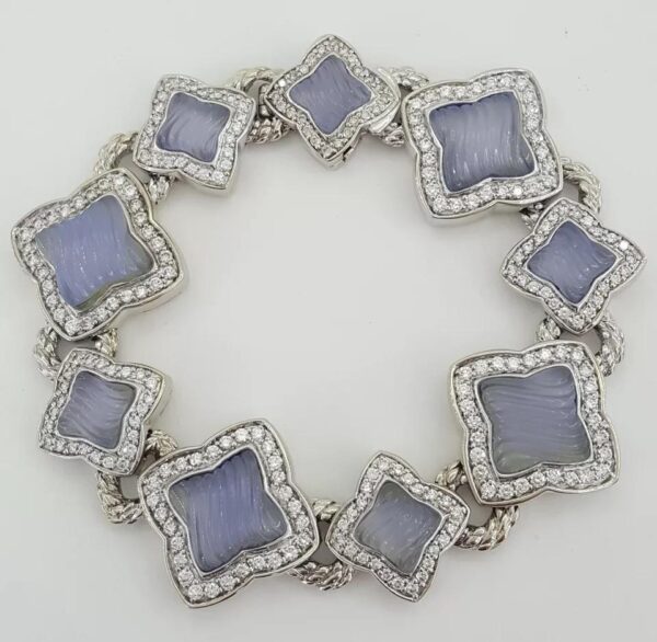 David Yurman Quatrefoil Chalcedony Diamond Bracelet 3.44 ct 18K W Gold 69 Grams