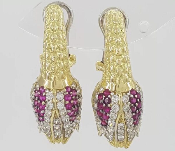 Vintage HIMO Diamond Ruby Tulip Earrings 18k Yellow Gold 2 ct 10.3 grams