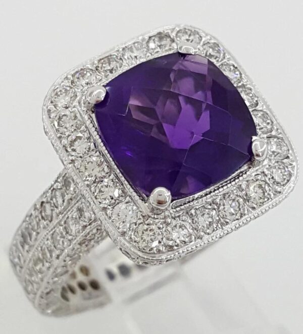 Cushion Checkerboard Amethyst Diamond Halo Ring 2.5 ct 14k White Gold