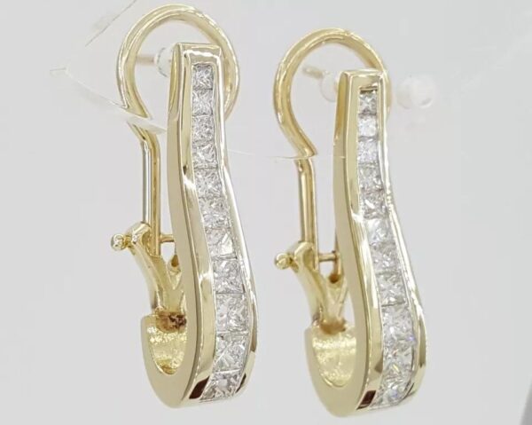Princess Diamond Channel Set Omega Hoop Earrings 1.2 ct 14K Yellow Gold