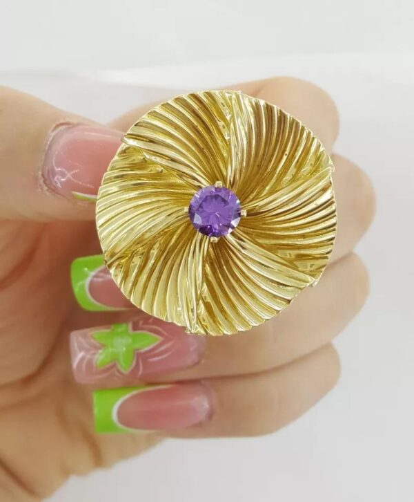 Vintage 14K Yellow Gold Round Amethyst Flower Pin Brooch 11.3 Grams