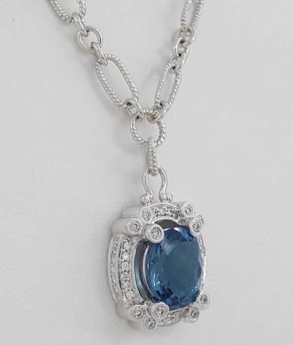 Oval Blue Topaz & Round Diamond Pendant Necklace 0.5 ct 18k White Gold 24 gr 18"