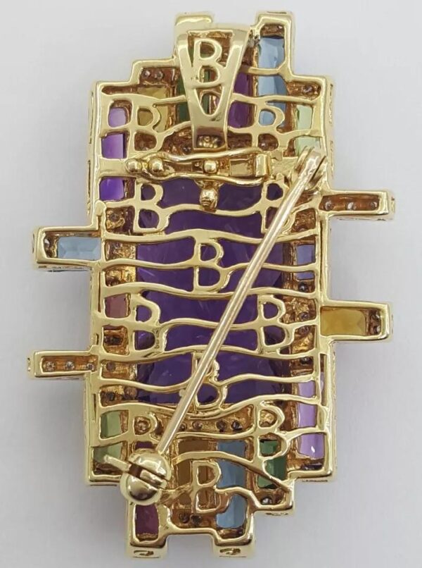 Bellarri Amethyst Gemset Diamond Pendant Brooch 21.4 ct 18.9 g 18K Yellow Gold