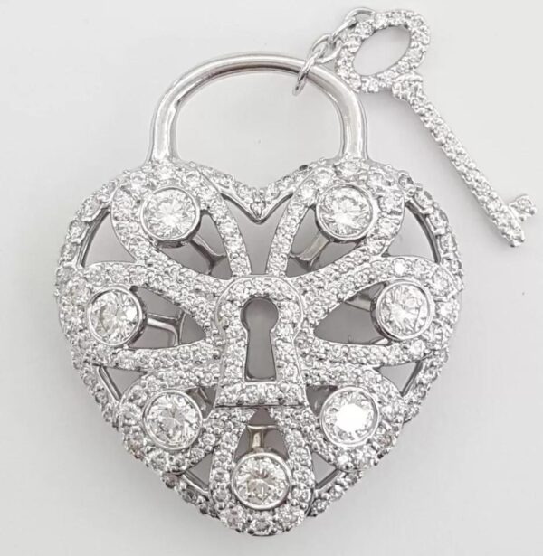 Tiffany & Co Diamond Filigree Lock Heart Key Pendant 1.44 ct 18k White Gold