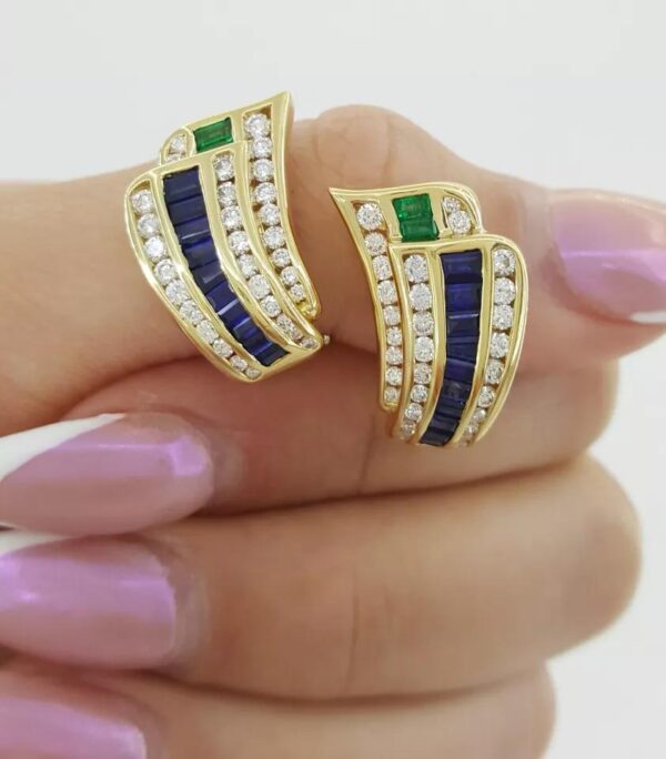 Charles Krypell Diamond Sapphire Emerald Clip-On Earrings 18k Gold