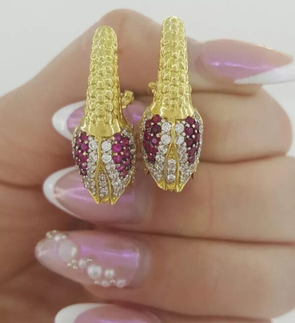 Vintage HIMO Diamond Ruby Tulip Earrings 18k Yellow Gold 2 ct 10.3 grams