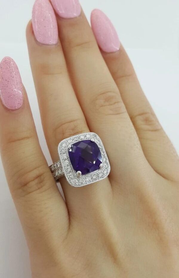 Cushion Checkerboard Amethyst Diamond Halo Ring 2.5 ct 14k White Gold