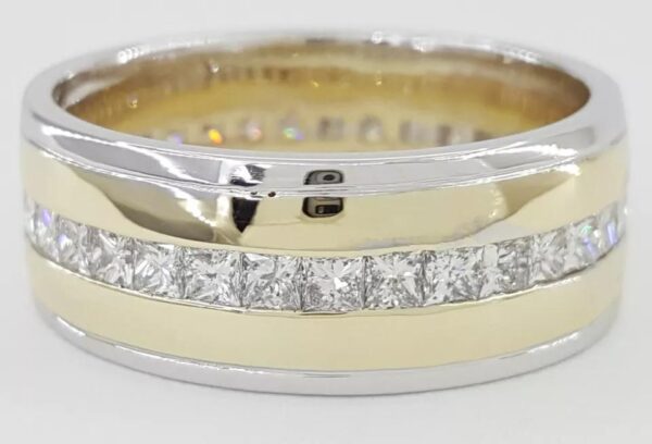 Channel Set Princess Cut Diamond 14k Yellow White Gold Men's Wedding Band 2.2 ct