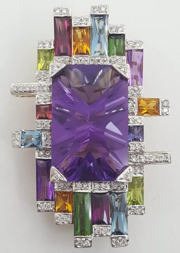 Bellarri Amethyst Gemset Diamond Pendant Brooch 21.4 ct 18.9 g 18K Yellow Gold