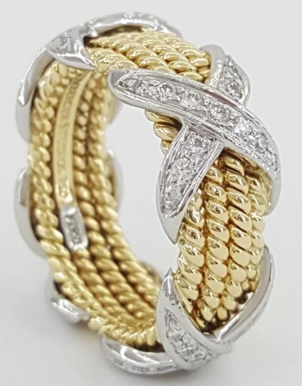 Tiffany & Co. Schlumberger 4 Row Rope X Diamond Ring Platinum & 18k 0.54 ct