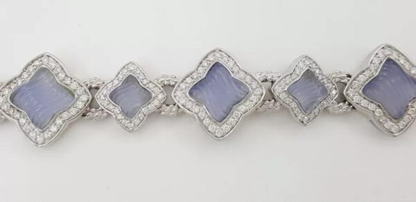 David Yurman Quatrefoil Chalcedony Diamond Bracelet 3.44 ct 18K W Gold 69 Grams