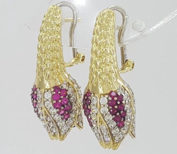 Vintage HIMO Diamond Ruby Tulip Earrings 18k Yellow Gold 2 ct 10.3 grams