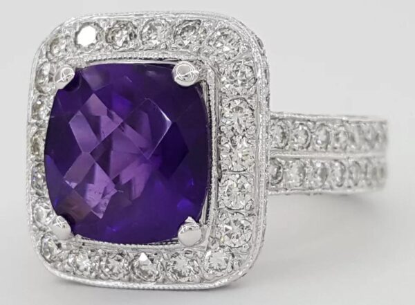 Cushion Checkerboard Amethyst Diamond Halo Ring 2.5 ct 14k White Gold