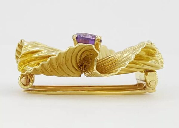 Vintage 14K Yellow Gold Round Amethyst Flower Pin Brooch 11.3 Grams