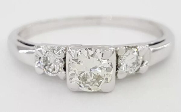 Vintage Three-Stone Round Diamond 14k White Gold 0.58 ct Engagement Ring