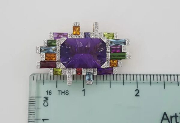 Bellarri Amethyst Gemset Diamond Pendant Brooch 21.4 ct 18.9 g 18K Yellow Gold
