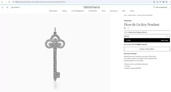 Tiffany & Co. Diamond Fleur de Lis Key Pendant Platinum 1.5" Retail $7,200
