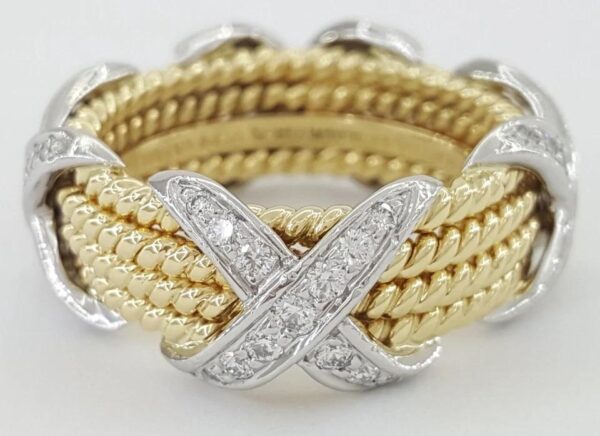 Tiffany & Co. Schlumberger 4 Row Rope X Diamond Ring Platinum & 18k 0.54 ct