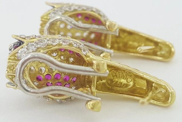 Vintage HIMO Diamond Ruby Tulip Earrings 18k Yellow Gold 2 ct 10.3 grams