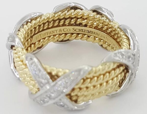Tiffany & Co. Schlumberger 4 Row Rope X Diamond Ring Platinum & 18k 0.54 ct