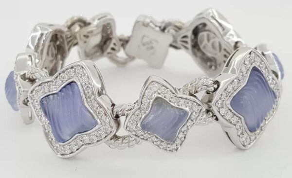 David Yurman Quatrefoil Chalcedony Diamond Bracelet 3.44 ct 18K W Gold 69 Grams