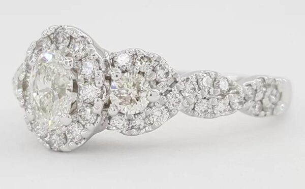 Celebration Oval Three Stone Halo Diamond Engagement Ring 1 ct 14K White Gold
