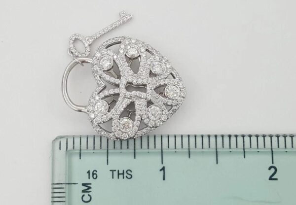 Tiffany & Co Diamond Filigree Lock Heart Key Pendant 1.44 ct 18k White Gold