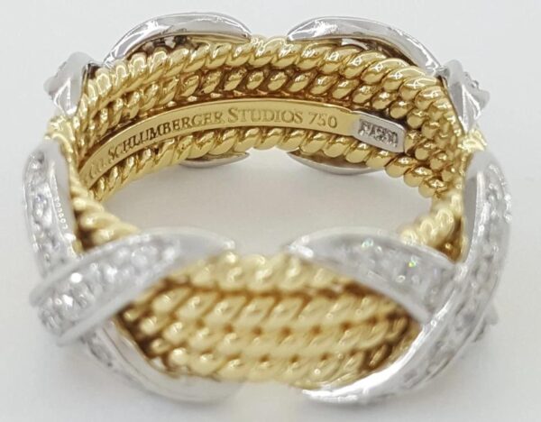 Tiffany & Co. Schlumberger 4 Row Rope X Diamond Ring Platinum & 18k 0.54 ct