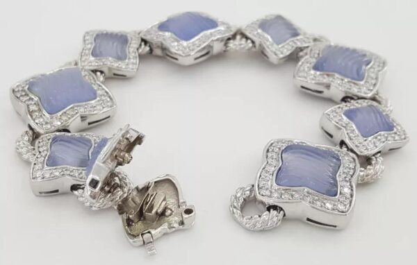 David Yurman Quatrefoil Chalcedony Diamond Bracelet 3.44 ct 18K W Gold 69 Grams