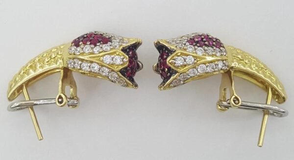 Vintage HIMO Diamond Ruby Tulip Earrings 18k Yellow Gold 2 ct 10.3 grams