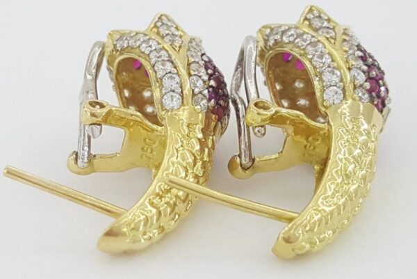 Vintage HIMO Diamond Ruby Tulip Earrings 18k Yellow Gold 2 ct 10.3 grams