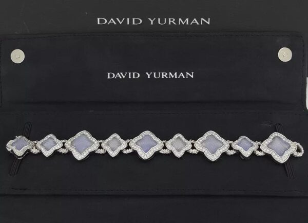 David Yurman Quatrefoil Chalcedony Diamond Bracelet 3.44 ct 18K W Gold 69 Grams
