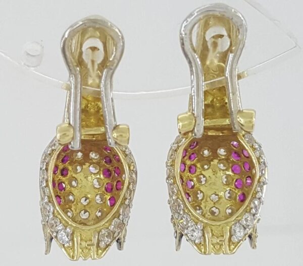 Vintage HIMO Diamond Ruby Tulip Earrings 18k Yellow Gold 2 ct 10.3 grams