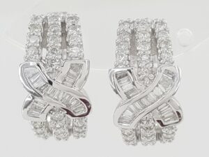 Round Baguette Diamond Round "X" Hoop Earrings 1 ct 18K White Gold