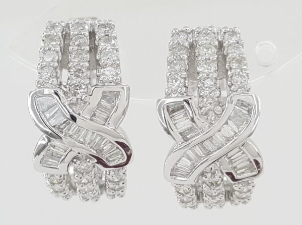 Round Baguette Diamond Round "X" Hoop Earrings 1 ct 18K White Gold