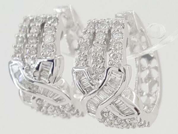 Round Baguette Diamond Round "X" Hoop Earrings 1 ct 18K White Gold