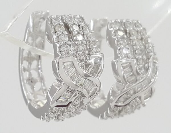 Round Baguette Diamond Round "X" Hoop Earrings 1 ct 18K White Gold