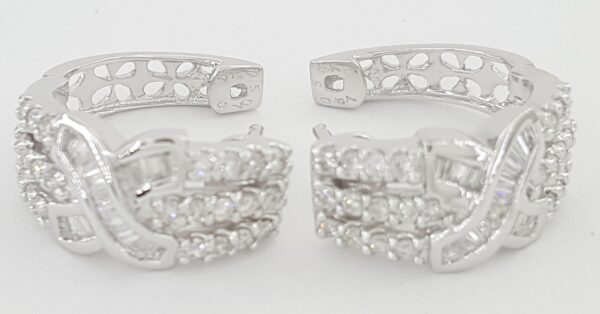 Round Baguette Diamond Round "X" Hoop Earrings 1 ct 18K White Gold