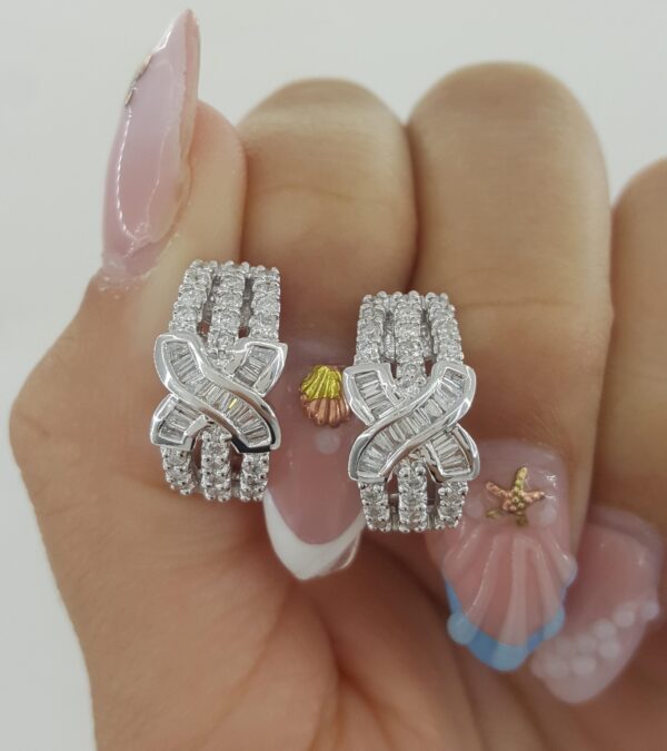 Round Baguette Diamond Round "X" Hoop Earrings 1 ct 18K White Gold