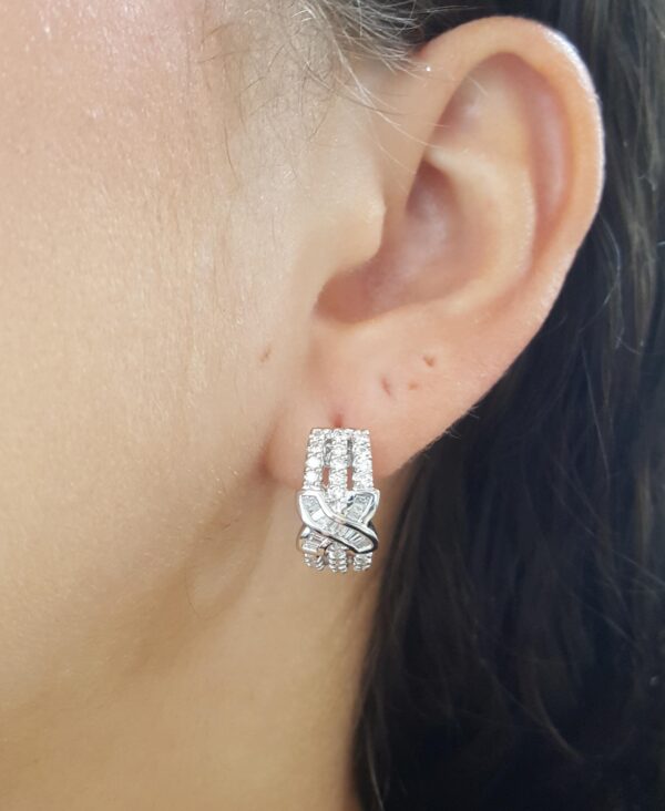Round Baguette Diamond Round "X" Hoop Earrings 1 ct 18K White Gold