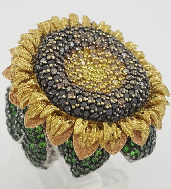 Alex Soldier Emerald & Diamonds Sunflower 7 ct Statement Ring 18k Gold Retil 25K