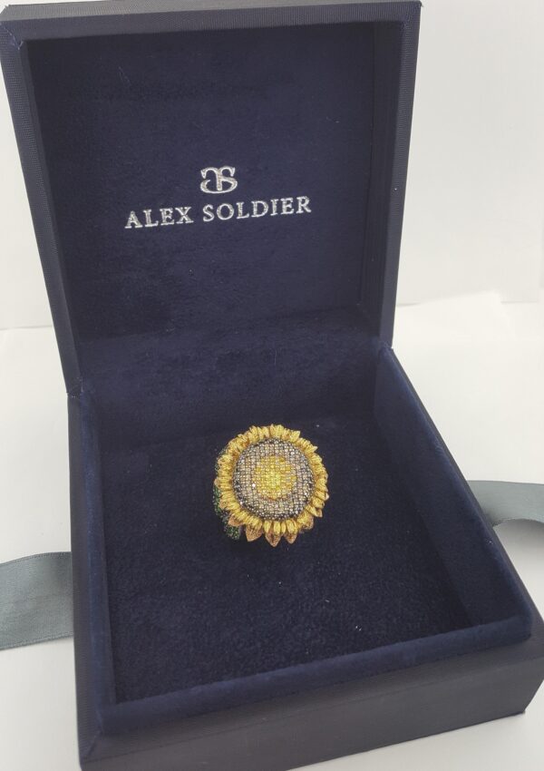 Alex Soldier Emerald & Diamonds Sunflower 7 ct Statement Ring 18k Gold Retil 25K
