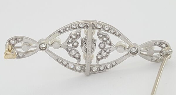 Art Deco Tiffany & Co Diamond & Pearl Brooch Pin 1 ct Platinum & 14K White Gold
