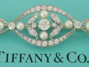 Art Deco Tiffany & Co Diamond & Pearl Brooch Pin 1 ct Platinum & 14K White Gold