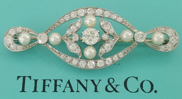 Art Deco Tiffany & Co Diamond & Pearl Brooch Pin 1 ct Platinum & 14K White Gold