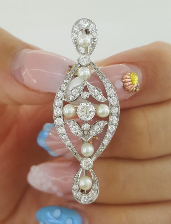 Art Deco Tiffany & Co Diamond & Pearl Brooch Pin 1 ct Platinum & 14K White Gold