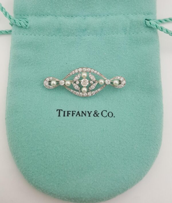 Art Deco Tiffany & Co Diamond & Pearl Brooch Pin 1 ct Platinum & 14K White Gold