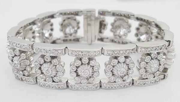 Doris Panos Vintage Flower Bracelet 5.14 ct 77.8 Grams 18 mm Wide 18K White Gold